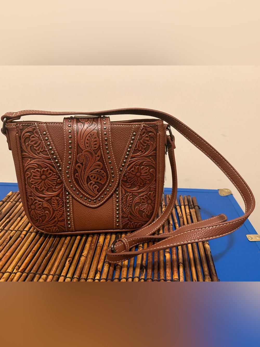Trinity Ranch Brown Tooled Leather Floral Crossbody Bag with Silver Studs